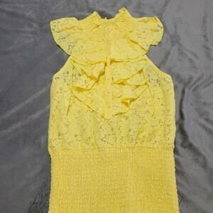 Yahada Shirt Womens Small Yellow Halter TOP Lace Sheer Smock Button Front Blouse